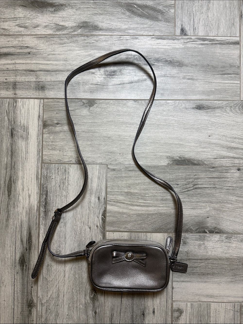 Coach Metallic Gunmetal Camera Crossbody with Bow Accent
